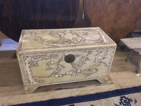 Chinese white-painted carved hardwood chest